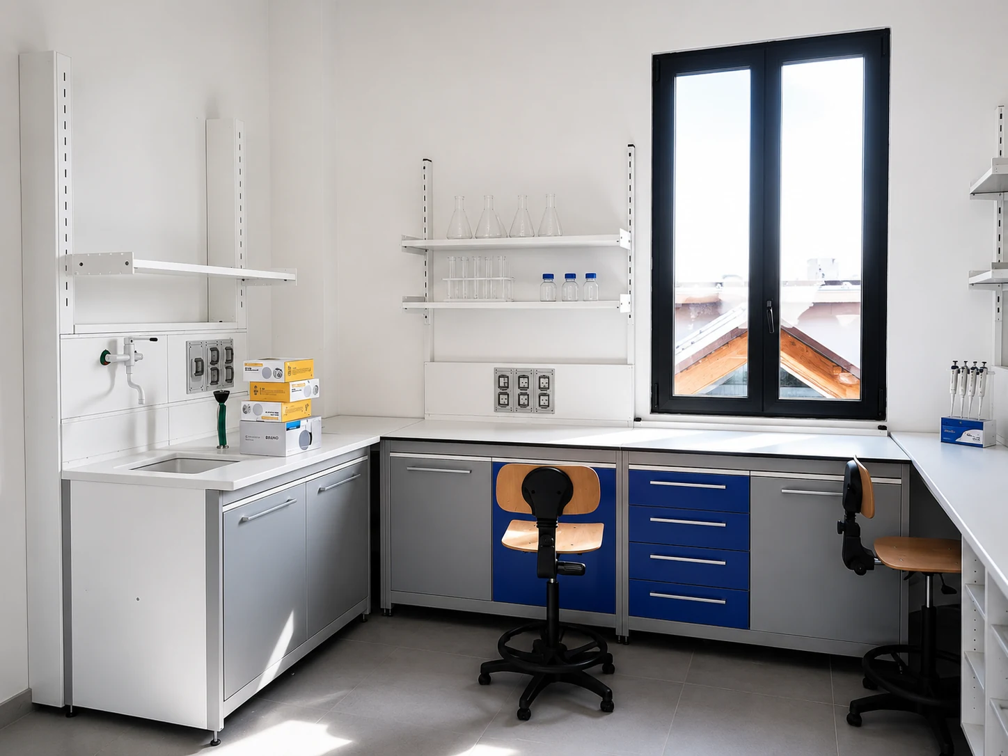 Laboratorio Tekno Scientific con arredi tecnici colorati Laboratorio Tekno Scientific con arredi tecnici colorati