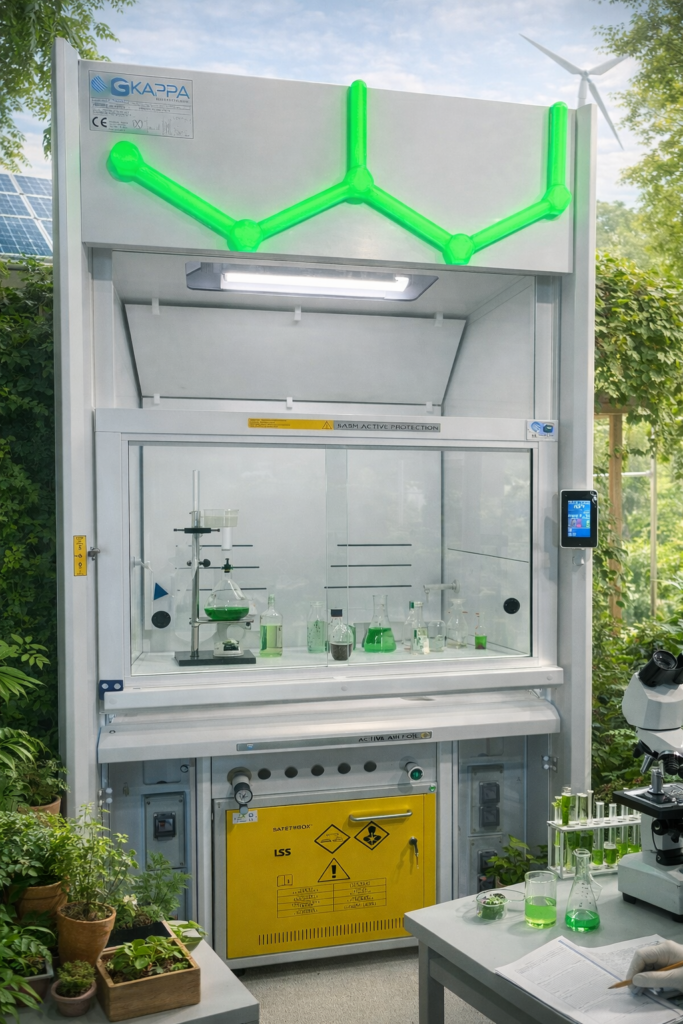 Cappa da laboratorio sostenibile ad alte prestazioni con focus su efficienza energetica e materiali riciclabili.